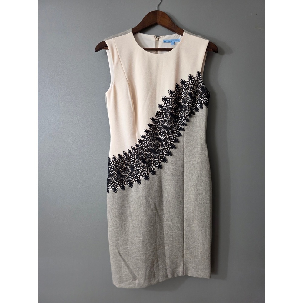 Antonio Melani Cream Gray Colorblock Lace Sheath Dress Size 4 Sleeveless NWOT
